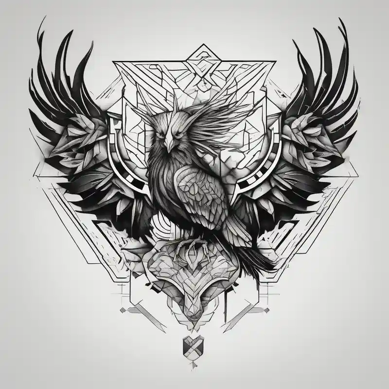 geometric style Idées de tatouages sur le thème du Phénix en 2025 &Générer gratuitement about Phoenix with Raven and Tiger on left side and deer and owl on right and Phoenix with Raven and Tiger on left side and deer and owl on right