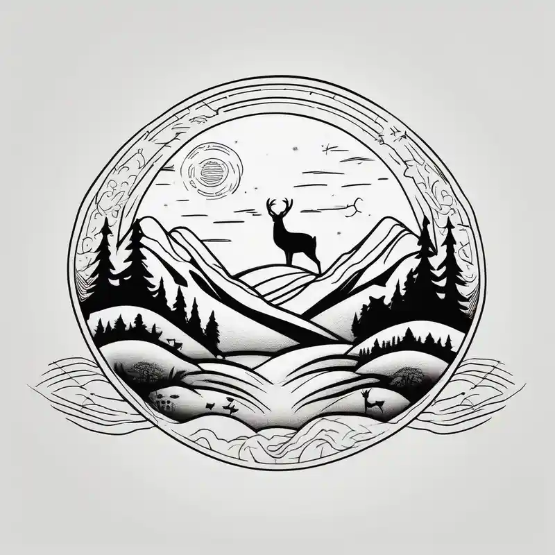 “Generate a minimalist tattoo showcasing a symmetrical scene of rolling hills and a rising sun, with small animals like deer or foxes incorporated into the design.