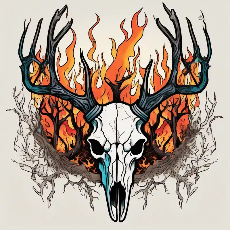 Halloween side view of a DECAYING deer skull JUST BONE surrounded by a flames and trees in background