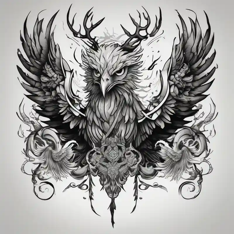 black and white style Phoenix Meaning Tattoo Ideas in 2025 & free generation about Phoenix with Raven and Tiger on left side and deer and owl on right and Phoenix with Raven and Tiger on left side and deer and owl on right