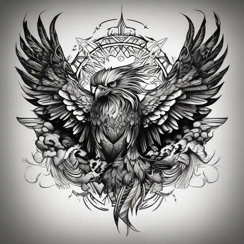 black and white style Signification et Designs du Tatouage Phénix en 2025 &Générer gratuitement about Phoenix with eagle and deer and owl shadowing in the left wing and tiger and raven shadowing in the right wing