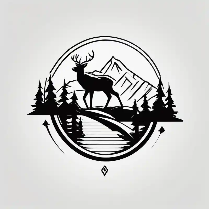 A logo for an outdoors company that includes an "S" and an "M". Includes a mountain, a lake, some trees, and a deer