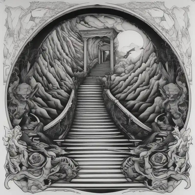 blackwork style King and Queen Tattoo Ideas in 2025 about walking through the shadow valley of death with a stair case in the middle and demons on one side and a angel on the other side demonic-demon and walking through the shadow valley of death with a stair case in the middle and demons on one side and a angel on the other side demonic-demon