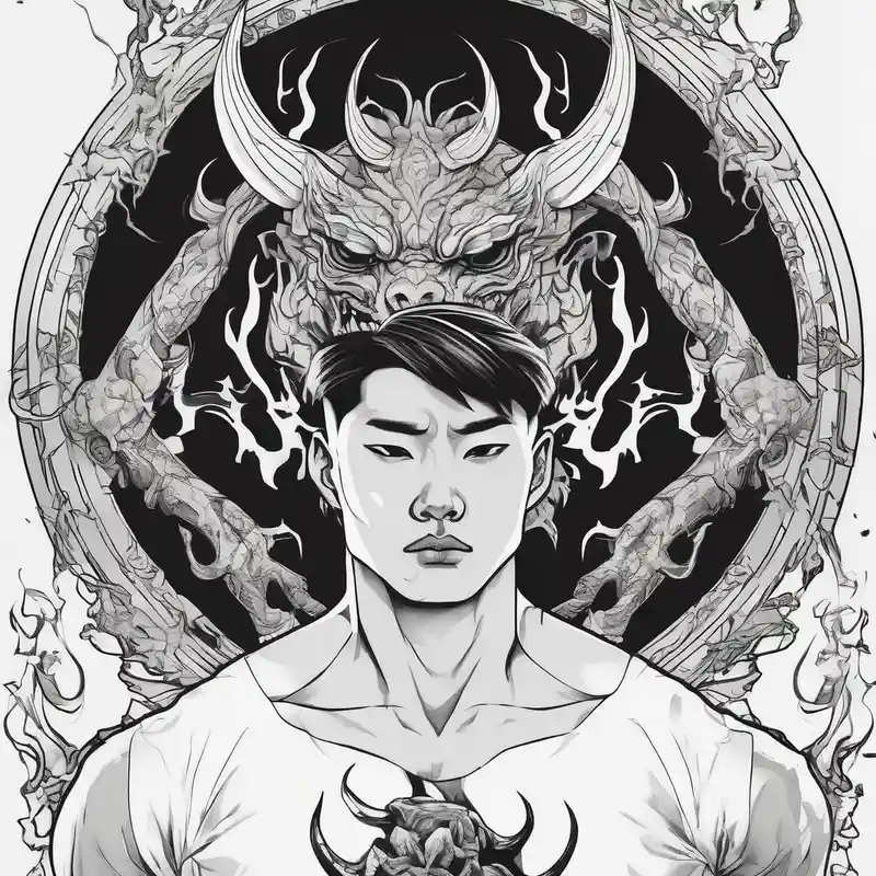 black and white style Ideas de tatuajes de Ver No Mal, Oír No Mal, Hablar No Mal en 2025 about Handsome Asian young guy is looking in cursed mirror and see a demon demonic-demon and Handsome Asian young guy is looking in cursed mirror and see a demon demonic-demon