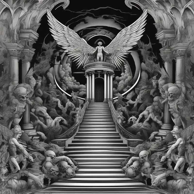 black and white style Angel Neck Tattoo Male Ideas in 2025 & free generation about walking through the shadow valley of death with a stair case in the middle and angel at the top of the stairs and lots of demons  surrounding the staircase demonic-demon and walking through the shadow valley of death with a stair case in the middle and angel at the top of the stairs and lots of demons  surrounding the staircase demonic-demon