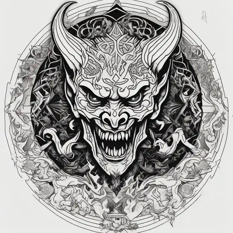 geometric style Back Neck Tattoo Male Ideas in 2025 about Demons in hell devil in background demonic-demon and Demons in hell devil in background demonic-demon