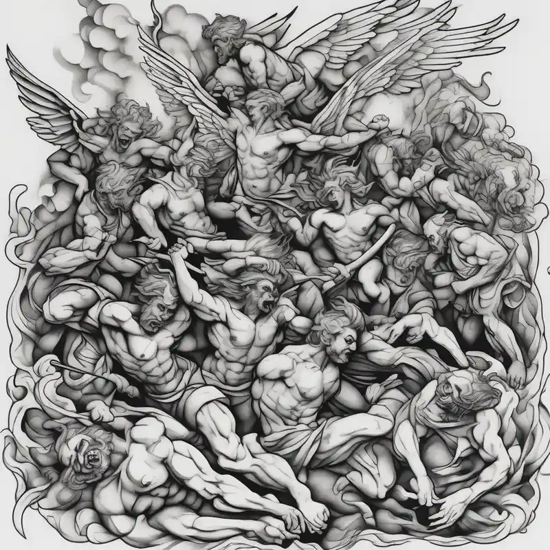 sketch style Angel Neck Tattoo Black Men Ideas in 2025 & free generation about Angels fighting demons crawling from hell demonic-demon and Angels fighting demons crawling from hell demonic-demon