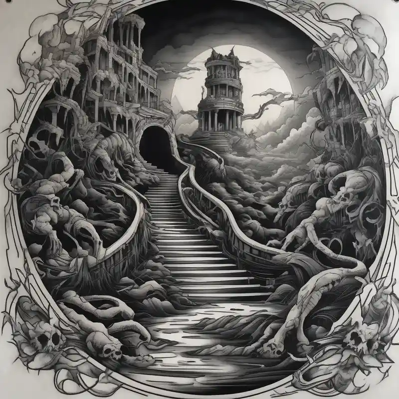 black and white style The World Is Yours Tattoo Ideas in 2025 about walking through the shadow valley of death with a stair case in the middle and lots of demons on one side and lots angel on the other side demonic-demon and walking through the shadow valley of death with a stair case in the middle and lots of demons on one side and lots angel on the other side demonic-demon