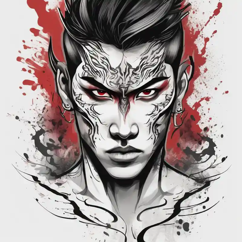 watercolor style Demonic Demon Tattoo Ideas in 2025 about Handsome Asian young guy with demon eyes demonic-demon and Handsome Asian young guy with demon eyes demonic-demon