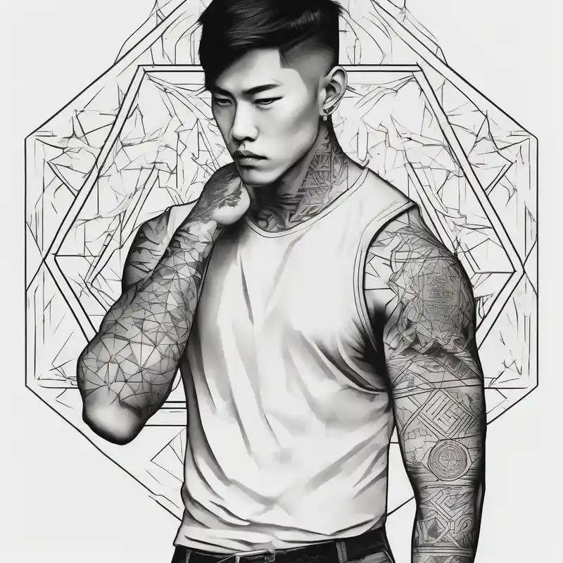 geometric style Idées de tatouages Roi et Reine en 2025 about Handsome Asian young guy is looking in cursed mirror and see a demon demonic-demon and Handsome Asian young guy is looking in cursed mirror and see a demon demonic-demon