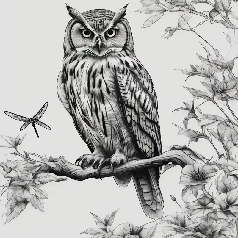 realistic style Owl Tattoo Meanings and Symbolism Guide 2025 & free generation about Owl perched on a tree branch and dragonfly in the background