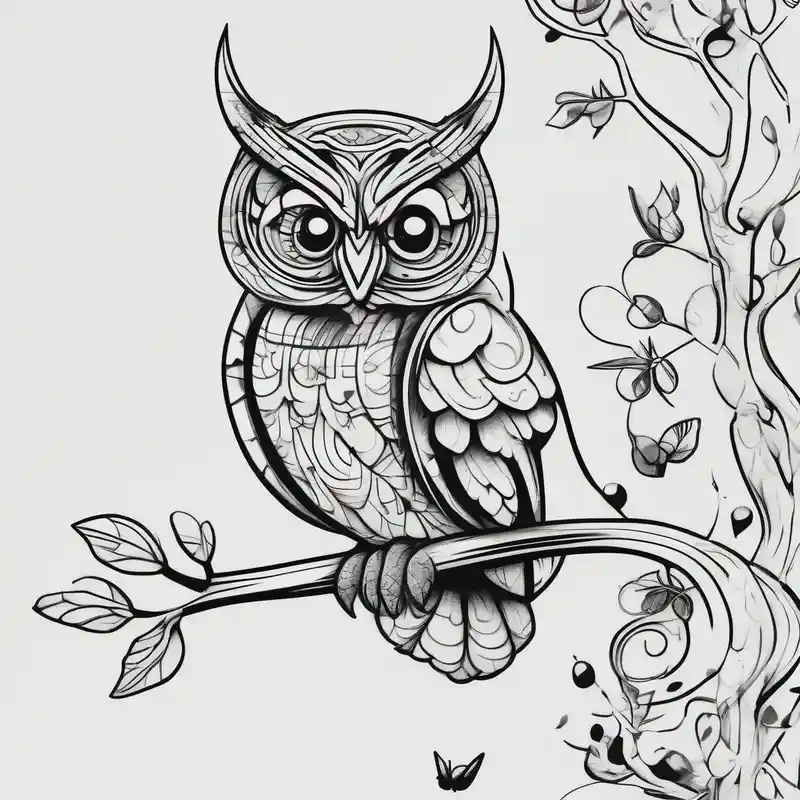 cartoon style Ideas de tatuajes de libélulas en 2025 about Owl perched on a tree branch and dragonfly in the background