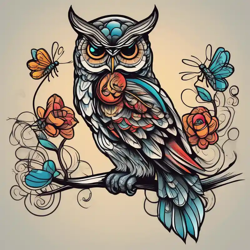 old school style Ideas de tatuajes de libélulas en 2025 about Cartoon style owl and perched on a branch