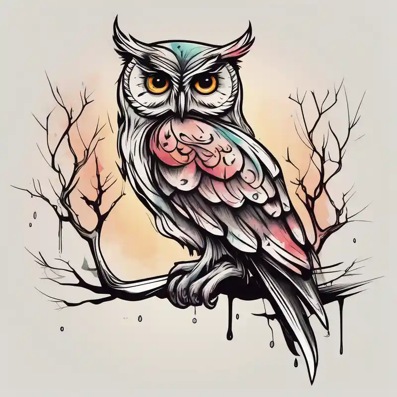 watercolor style 2025年のバージニアのタトゥーアイデア about Cartoon style owl and perched on a branch