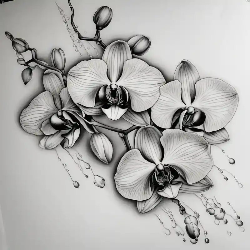 realistic style Ideas de tatuajes de Ver No Mal, Oír No Mal, Hablar No Mal en 2025 about Draw of three fine line orchids different size realistic and the central part resembles a vagina. Are connected with branches that appears a mix with drops and seeds ed-tiger-lilly-is-fun-size-for-a-reason