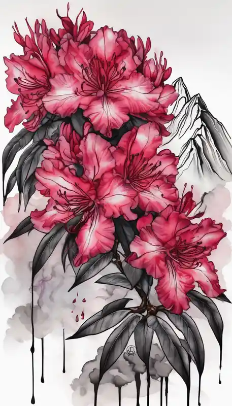 watercolor style 2025年の赤インクタトゥーアイデア about vertical wrist size red  and black rhododendron trippy with Himalayas behind ed-tiger-lilly-is-fun-size-for-a-reason and vertical wrist size red  and black rhododendron trippy with Himalayas behind ed-tiger-lilly-is-fun-size-for-a-reason