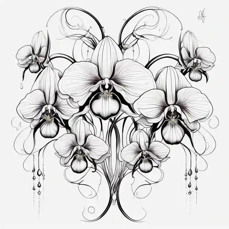 surreal style 2025年のタイガータトゥーのアイデアとデザイン about Draw of three fine line orchids different size realistic and the central part resembles a vagina. Are connected with branches that appears drops ed-tiger-lilly-is-fun-size-for-a-reason