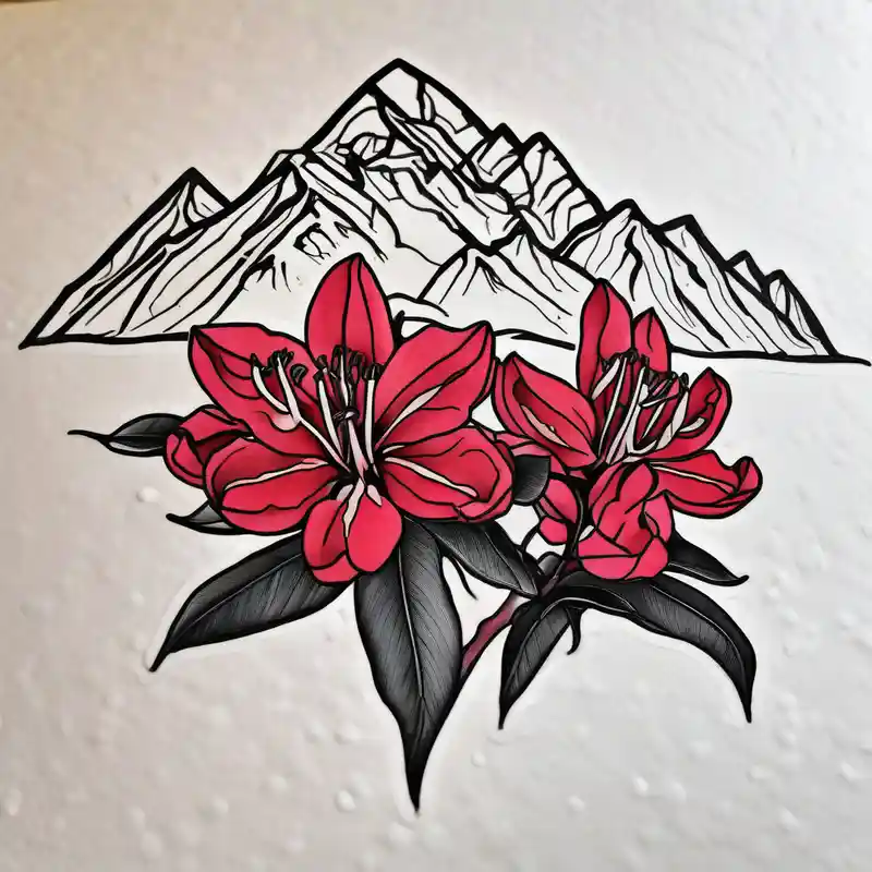 cartoon style Ideas de tatuajes en tinta roja en 2025 about vertical wrist size red  and black rhododendron trippy with Himalayas behind ed-tiger-lilly-is-fun-size-for-a-reason and vertical wrist size red  and black rhododendron trippy with Himalayas behind ed-tiger-lilly-is-fun-size-for-a-reason