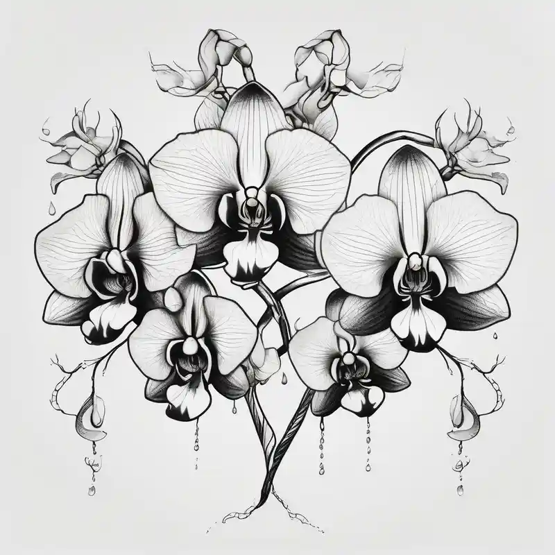 dotwork style Ideas de tatuajes de Ver No Mal, Oír No Mal, Hablar No Mal en 2025 about Draw of three fine line orchids different size realistic and the central part resembles a vagina. Are connected with branches that appears a mix with drops and seeds ed-tiger-lilly-is-fun-size-for-a-reason