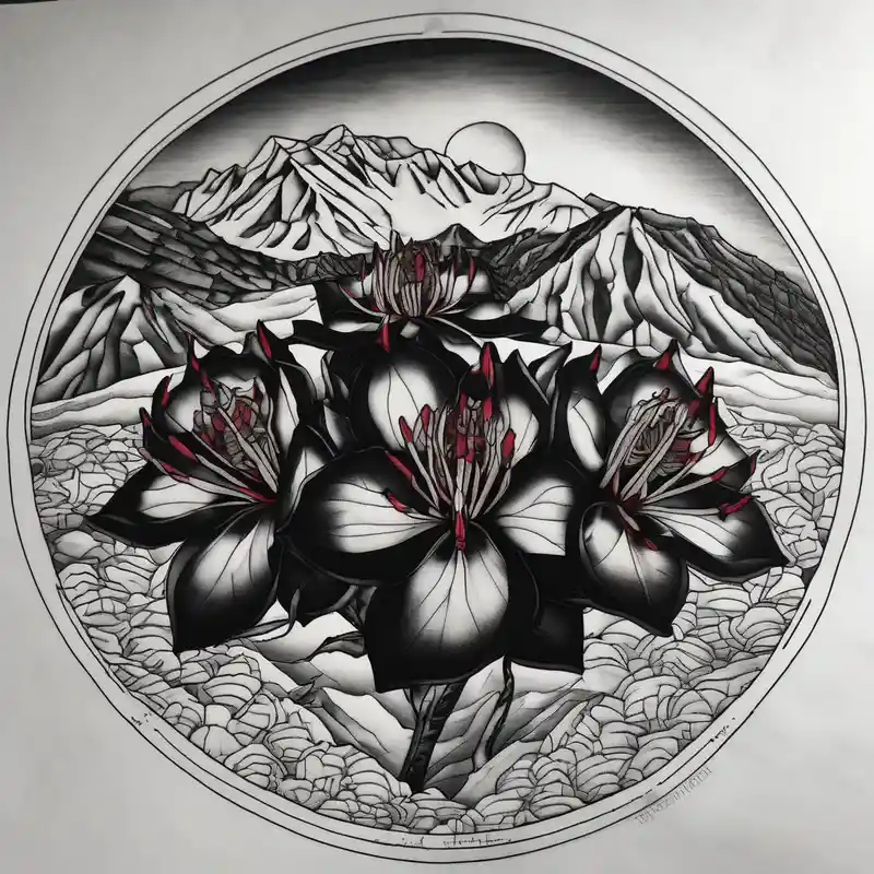 blackwork style 2025年の女性向け手首タトゥーアイデア about wrist size red  and black rhododendron trippy with Himalayas behind ed-tiger-lilly-is-fun-size-for-a-reason and wrist size red  and black rhododendron trippy with Himalayas behind ed-tiger-lilly-is-fun-size-for-a-reason