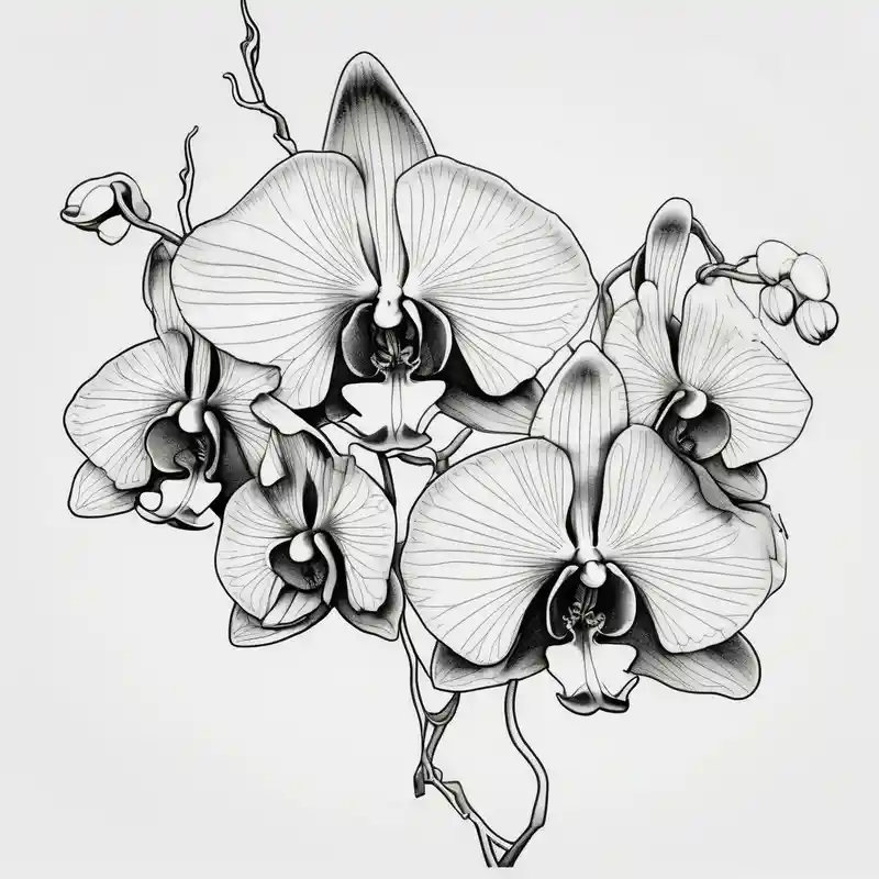 surreal style Tiger Tattoo Ideas and Designs in 2025 & free generation about Draw of three fine line orchids different size realistic and the central part resembles a vagina. Are connected with branches ed-tiger-lilly-is-fun-size-for-a-reason