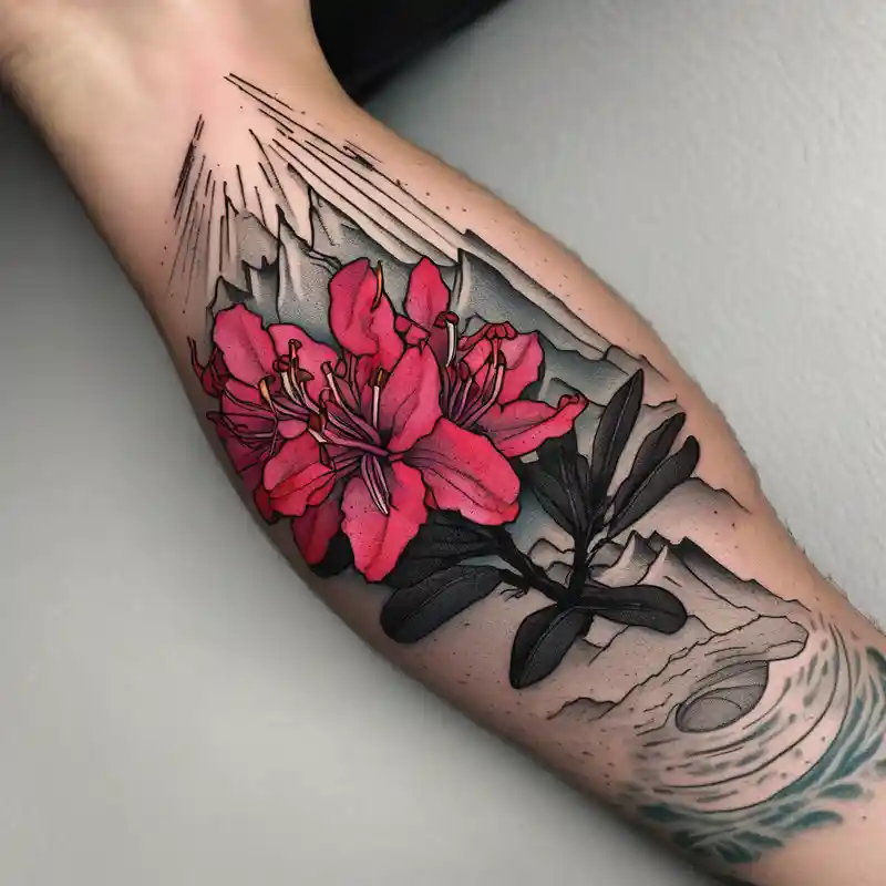 dotwork style Red Ink Tattoo Ideas in 2025 about wrist size red  and black rhododendron trippy with Himalayas behind ed-tiger-lilly-is-fun-size-for-a-reason and wrist size red  and black rhododendron trippy with Himalayas behind ed-tiger-lilly-is-fun-size-for-a-reason