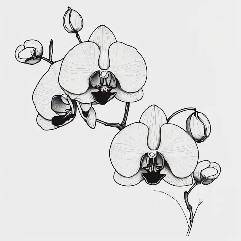 minimalist style Three Crosses Tattoo Ideas in 2025 about Draw of three fine line orchids different size realistic and the central part resembles a vagina. Are connected with branches ed-tiger-lilly-is-fun-size-for-a-reason