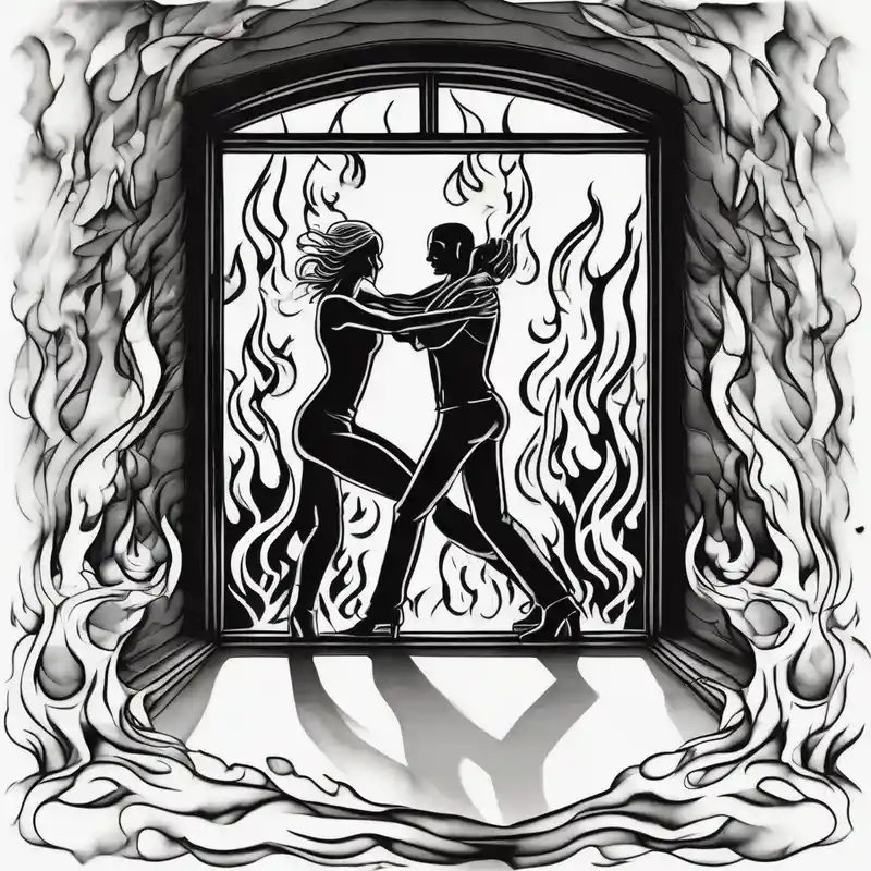 black and white style 2025年の男性向け外側前腕タトゥーのアイデア about two people slow dancing in a burning room but the outside of the house is burning and you can only see them through a small window elderly-people and two people slow dancing in a burning room but the outside of the house is burning and you can only see them through a small window elderly-people