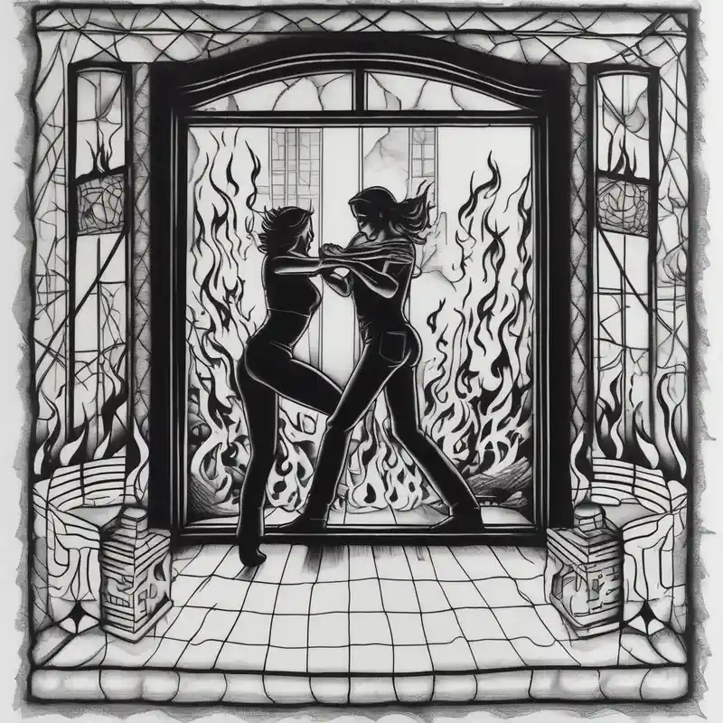 blackwork style 2025年の男性向け外側前腕タトゥーのアイデア about two people slow dancing in a burning room but the outside of the house is burning and you can only see them through a small window elderly-people and two people slow dancing in a burning room but the outside of the house is burning and you can only see them through a small window elderly-people