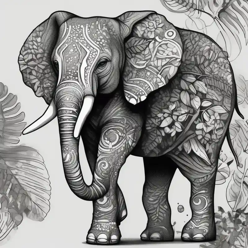 dotwork style Elephant Tattoo Ideas in 2025 about “A majestic elephant with its trunk raised and surrounded by tropical foliage