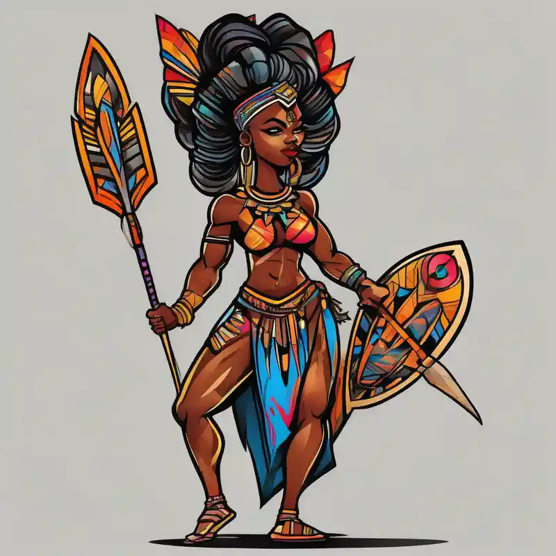 cartoon style Idées de tatouages pour femmes en 2025 about African woman warrior holding a spear with birds and elephants in the background and African woman warrior holding a spear with birds and elephants in the background