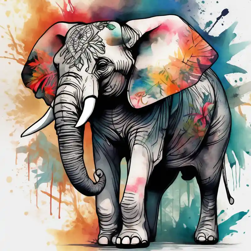 watercolor style 2025年の象のタトゥーアイデア about “A majestic elephant with its trunk raised and surrounded by tropical foliage