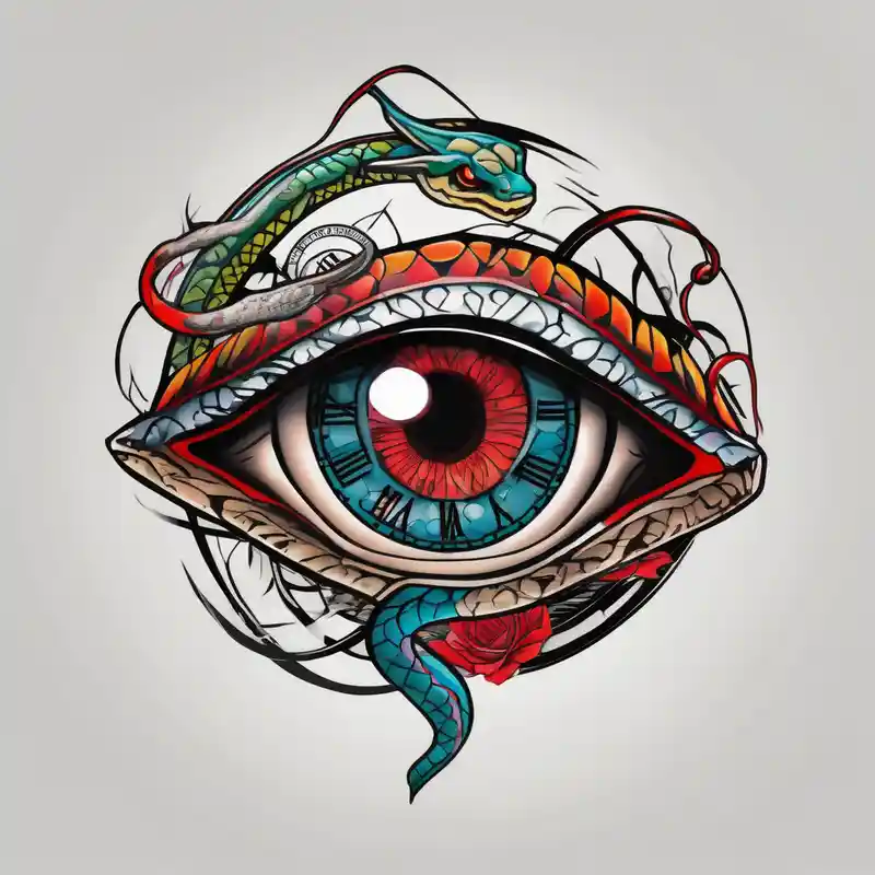 japanese style Clock Tattoo Ideas in 2024 about human eye wrapped around snake and pupil is a clock eyelid-eyes and human eye wrapped around snake and pupil is a clock eyelid-eyes