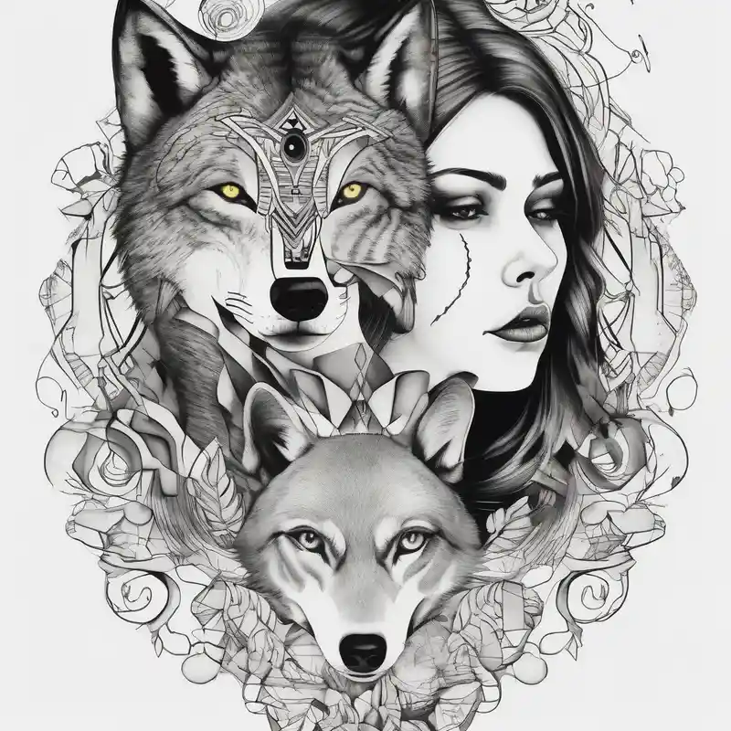 surreal style Wolf Tattoos Tattoo Ideas in 2025 & free generation about a wolf and a woman with the same eye eyelid-eyes and a wolf and a woman with the same eye eyelid-eyes