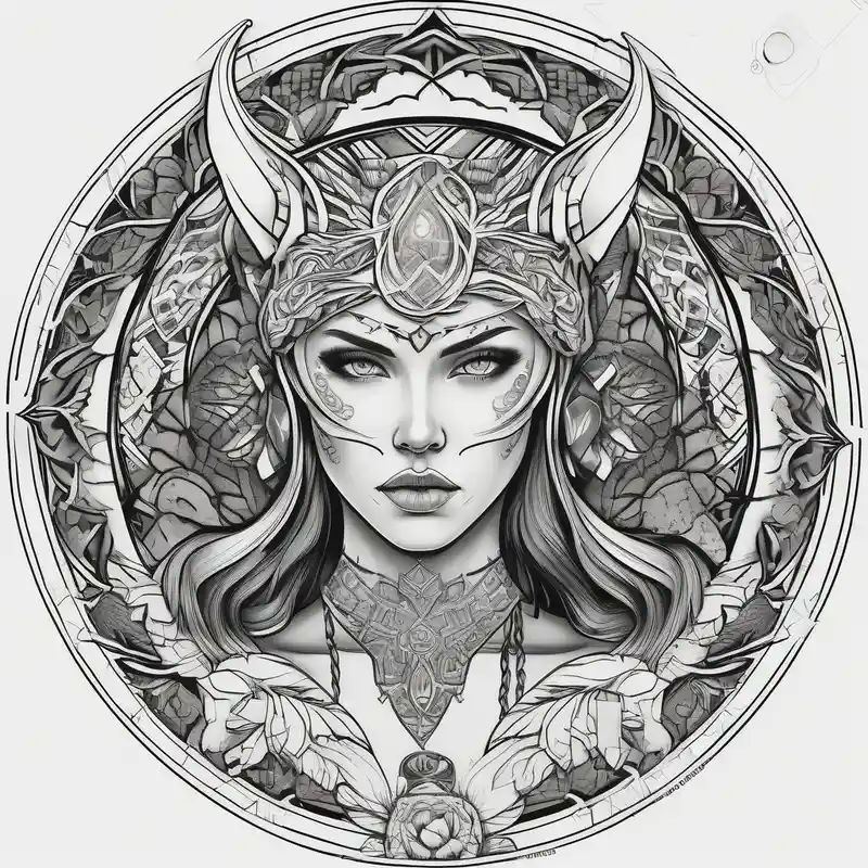 black and white style Moon Tattoo Designs and Meanings about Viking and feminine warrior