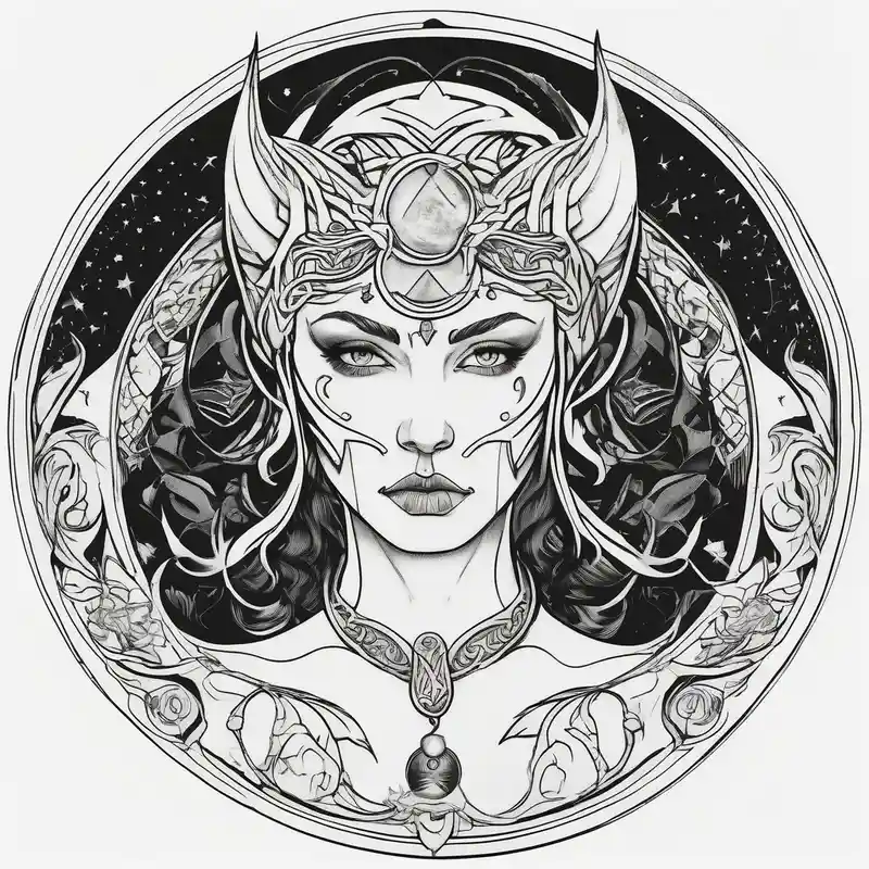 surreal style Moon Tattoo Designs and Meanings about Viking and feminine warrior