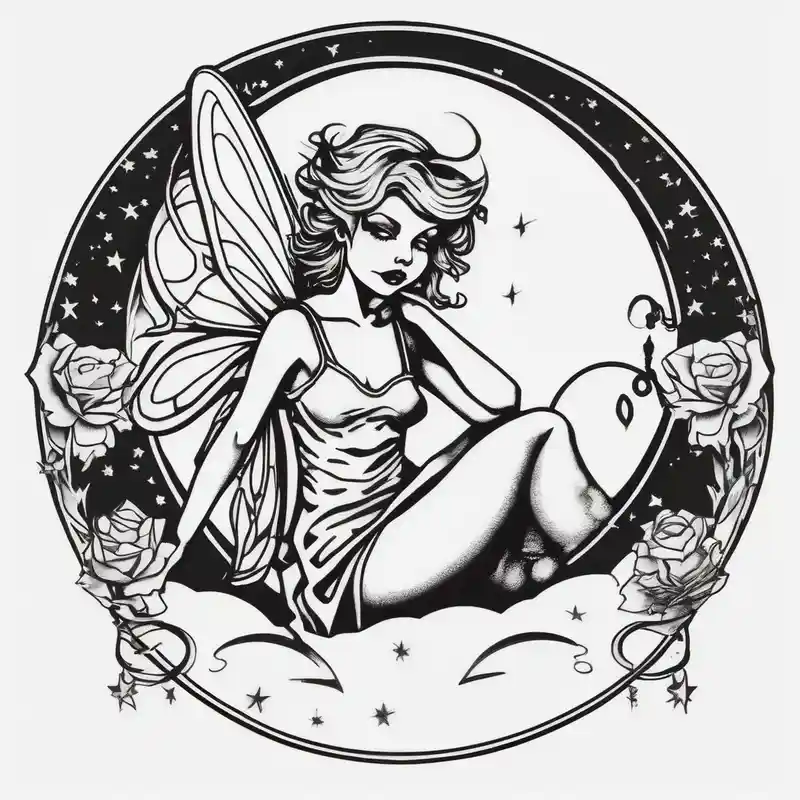 old school style Idées de tatouages féminins en 2025 about Solid black design. Fairy sitting on moon with dangles female-designs and Solid black design. Fairy sitting on moon with dangles female-designs