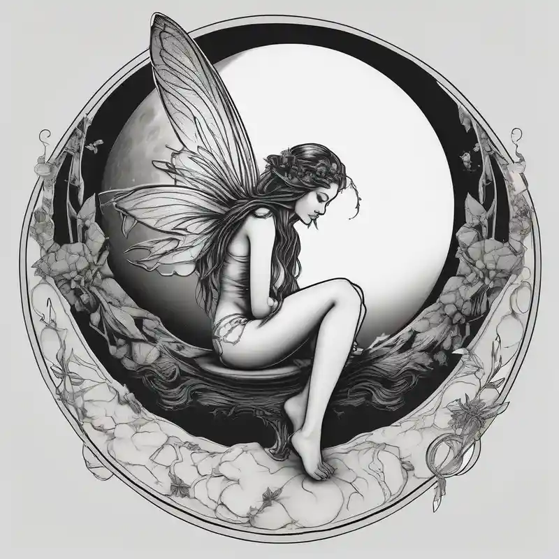 realistic style Moon Tattoo Designs and Meanings about Solid black design. Fairy sitting on moon with dangles female-designs and Solid black design. Fairy sitting on moon with dangles female-designs