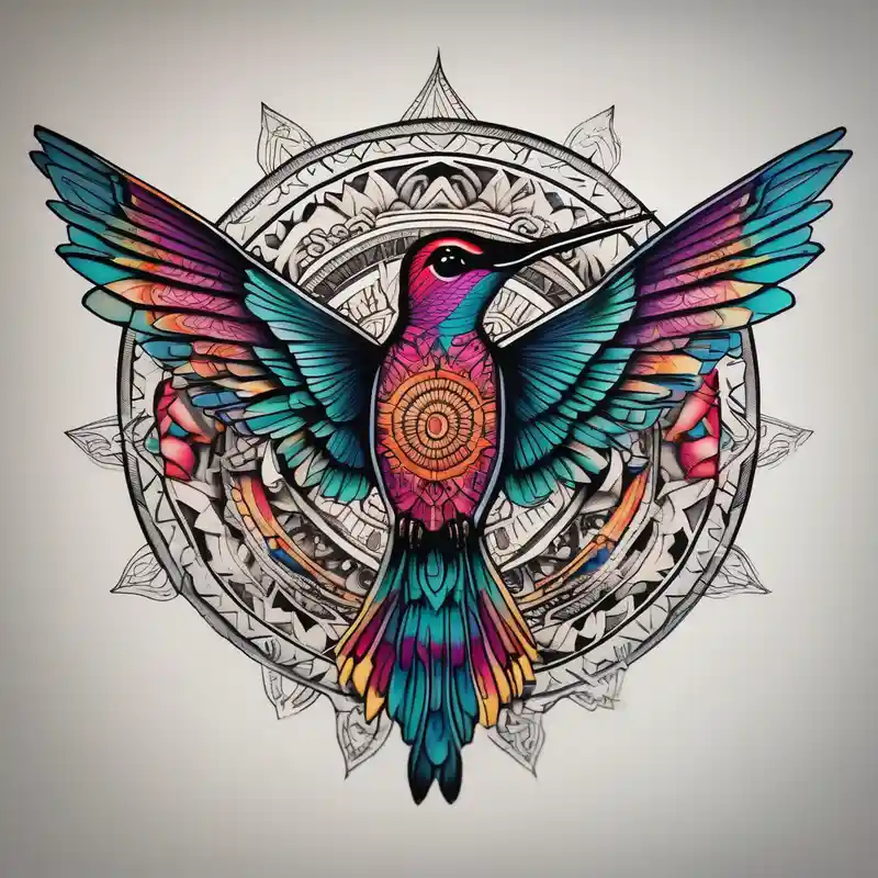 blackwork style Idées de tatouages féminins en 2025 about Colorful hummingbird centered in front of a mandala design female-designs and Colorful hummingbird centered in front of a mandala design female-designs