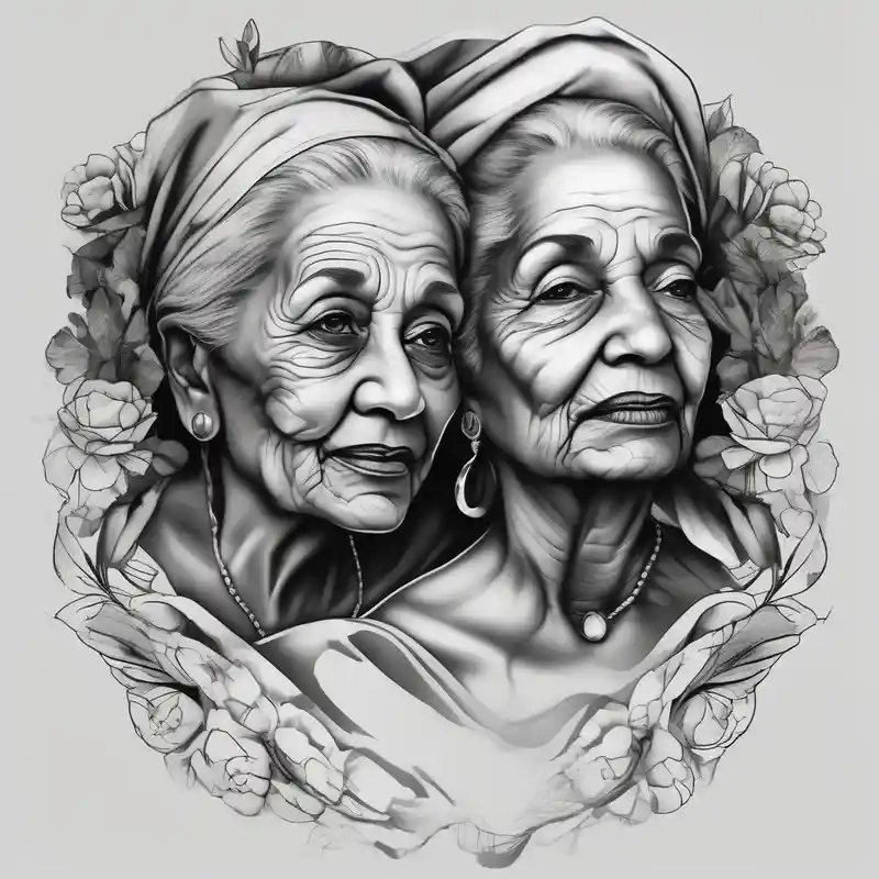 black and white style 213 Ideas de Diseño de Tatuajes en 2025 & Generar gratis about pictures of my two of my grandmas who passed away and they both were born in 1958 with a design around them female-designs and pictures of my two of my grandmas who passed away and they both were born in 1958 with a design around them female-designs