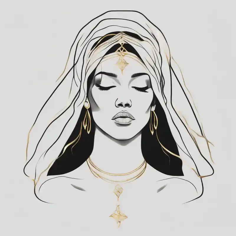 minimalist style Tatuajes en la pierna para hombres en 2025 & Generar gratis about A serene and elegant portrait of a woman with a calm and angelic expression and wearing a delicate white veil