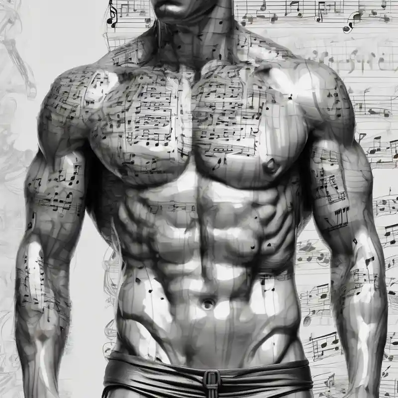 realistic style Tatouages Jambe pour Homme en 2025 &Générer gratuitement about Male Greek statue torso. No arms and legs or head. Fit and muscular. Simple design. Creative arts symbols like music notes scattered around the torso and partially behind it. female-designs