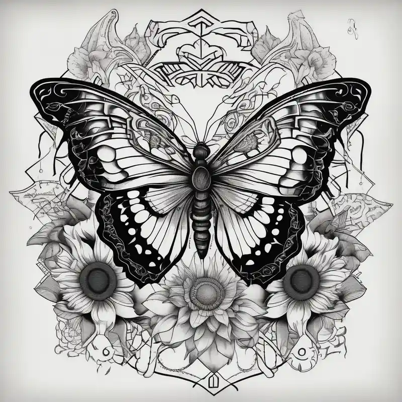 blackwork style Book Tattoo Ideas in 2025 about Butterfly and sunflower