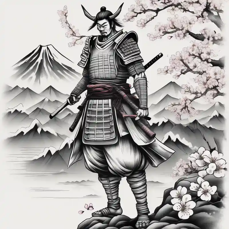 dotwork style Japanese Snake Tattoo Ideas in 2025 & free generation about arm sleeve tattoo stencil of a samurai standing at the bottom of a mountain with cherry blossoms in the background and and japanese structures