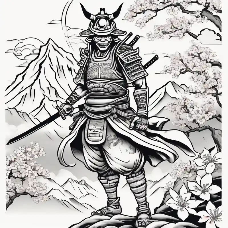 cartoon style Floral Sleeve Tattoo Ideas in 2025 about arm sleeve tattoo stencil of a samurai standing at the bottom of a mountain with cherry blossoms in the background and and japanese structures