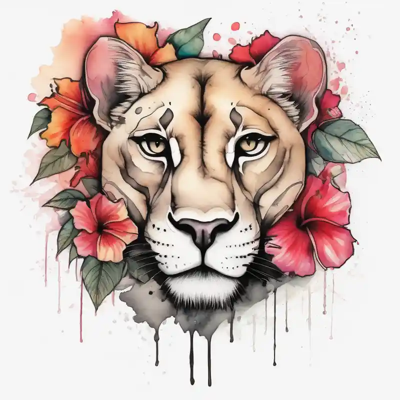 watercolor style Lion Tattoo Behind Ear Ideas in 2025 & free generation about Women lion with hibiscus flowers with moon and sun something inspirational and meaning for the forearm foot-for-women and Women lion with hibiscus flowers with moon and sun something inspirational and meaning for the forearm foot-for-women