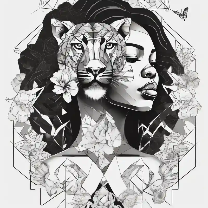 geometric style Tatuaje de León con Ojos Azules Ideas de Tatuajes en 2025 & Generar gratis about Black women body with a lion and flowers and butterflies foot-for-women