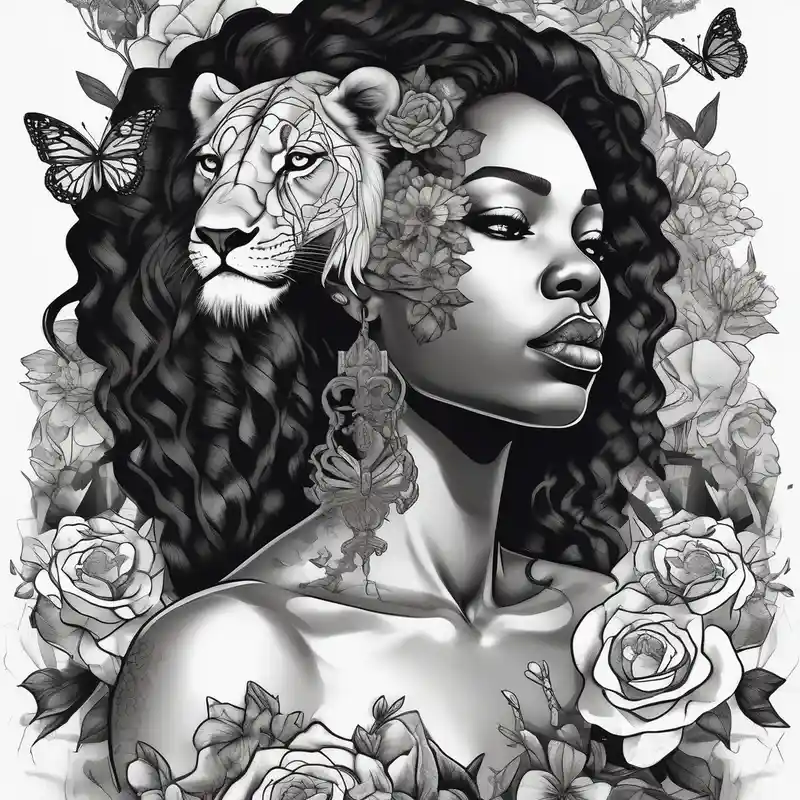 black and white style Lion Tattoo Ideas and Designs in 2025 & free generation about Black women body with a lion and flowers and butterflies foot-for-women