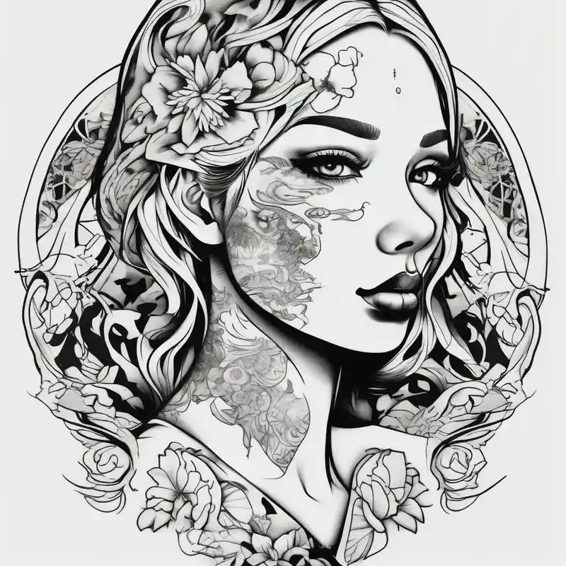 japanese style Ideas de tatuajes de pecas para 2025 about A face where one side is a blonde and freckled girl amd the other half is a black labrador freckles