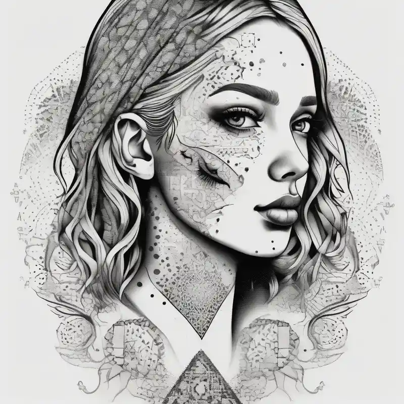 dotwork style Ideas de tatuajes de pecas para 2025 about A face where one side is a blonde and freckled girl amd the other half is a black labrador freckles